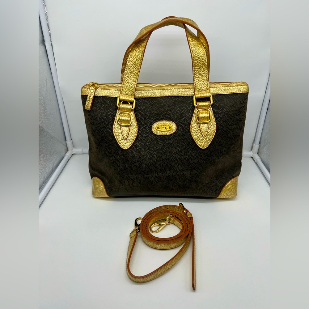 BRIC'S Dark Green Fabric Gold Leather Trim Satchel Crossbody Bag